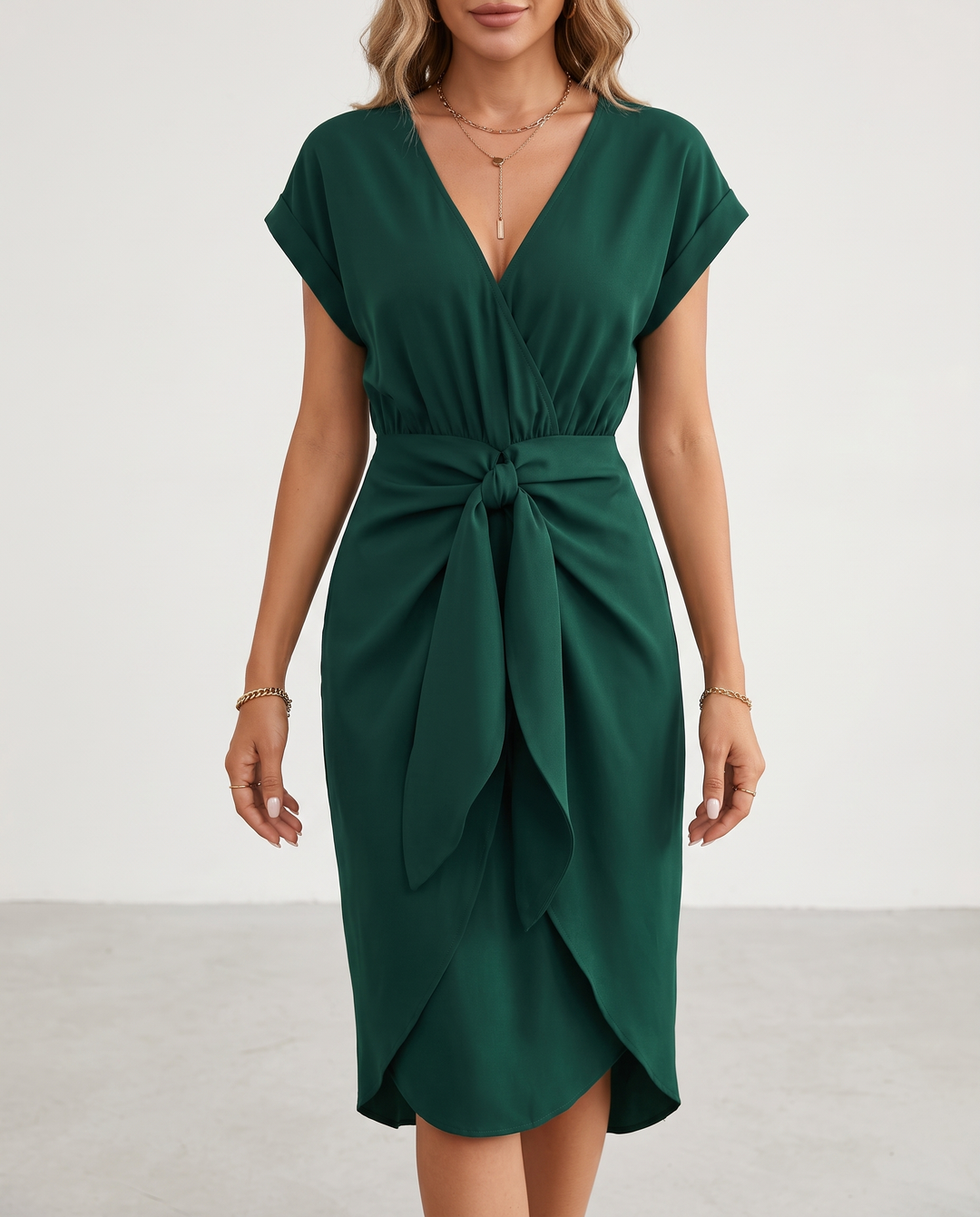 Woman wearing midi wrap dress with tie waist