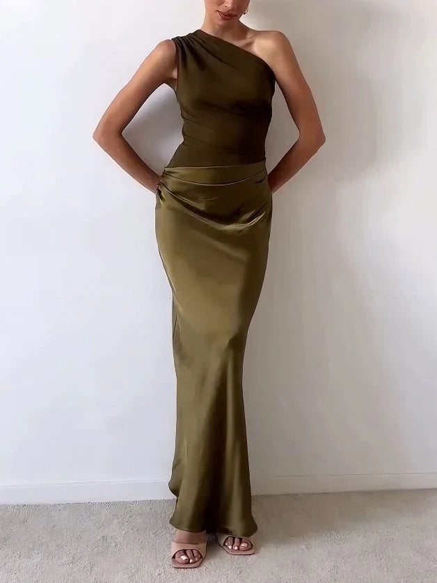 Woman wearing one-shoulder satin evening dress