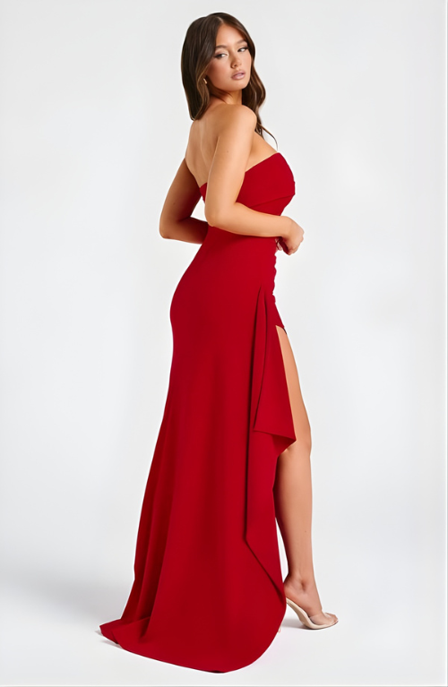 Woman wearing strapless evening maxi dress