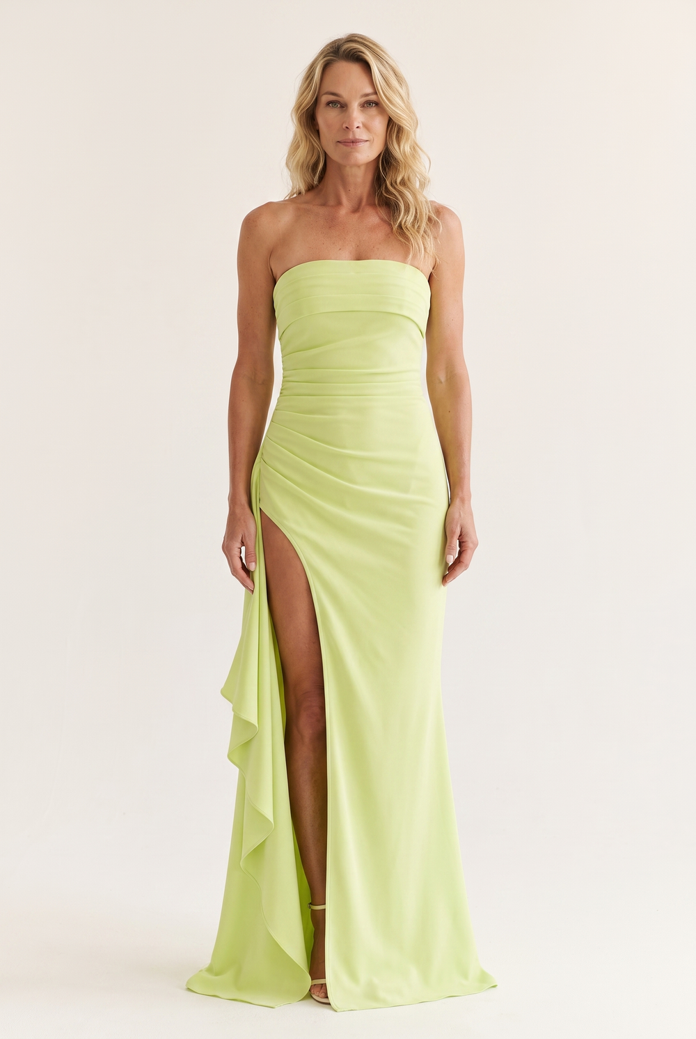 Woman wearing strapless evening maxi dress