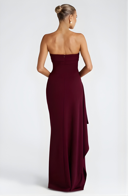 Woman wearing strapless evening maxi dress