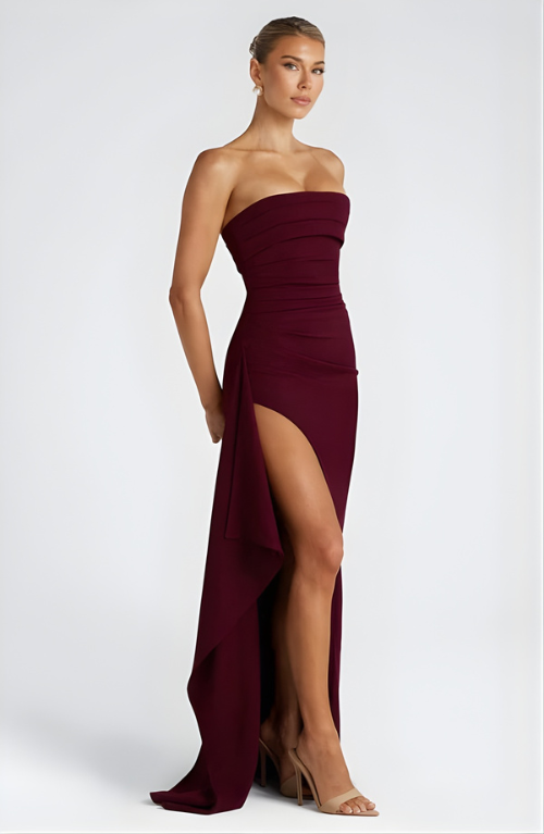 Woman wearing strapless evening maxi dress