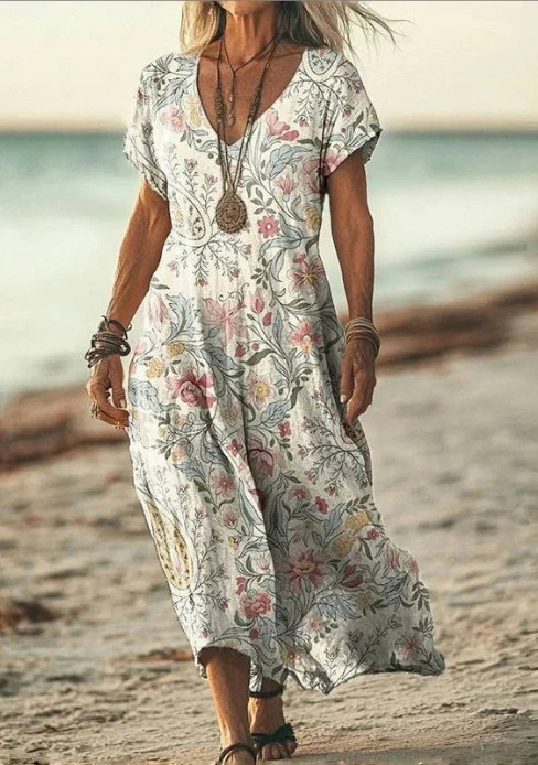 Solenne Duquesne | Boho Floral V-Neck Midi Dress - Image 1