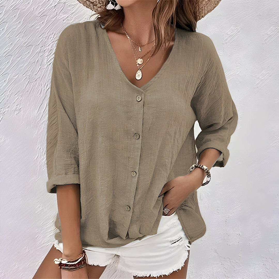 Solveig Marchand | Textured V-Neck Button-Up Blouse - Image 4