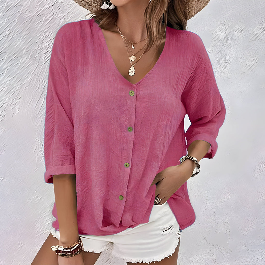Solveig Marchand | Textured V-Neck Button-Up Blouse - Image 5