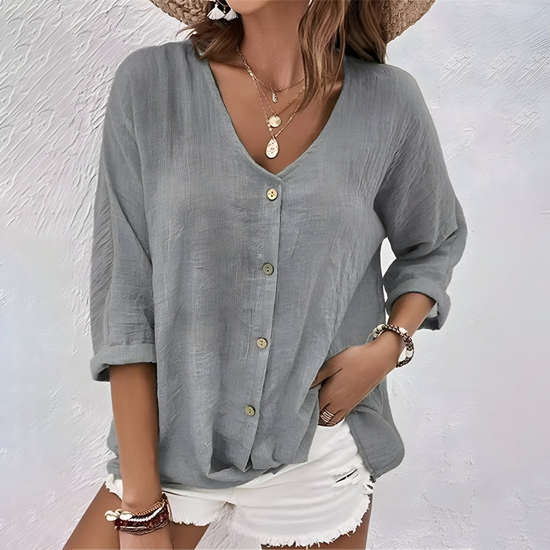 Solveig Marchand | Textured V-Neck Button-Up Blouse - Image 7
