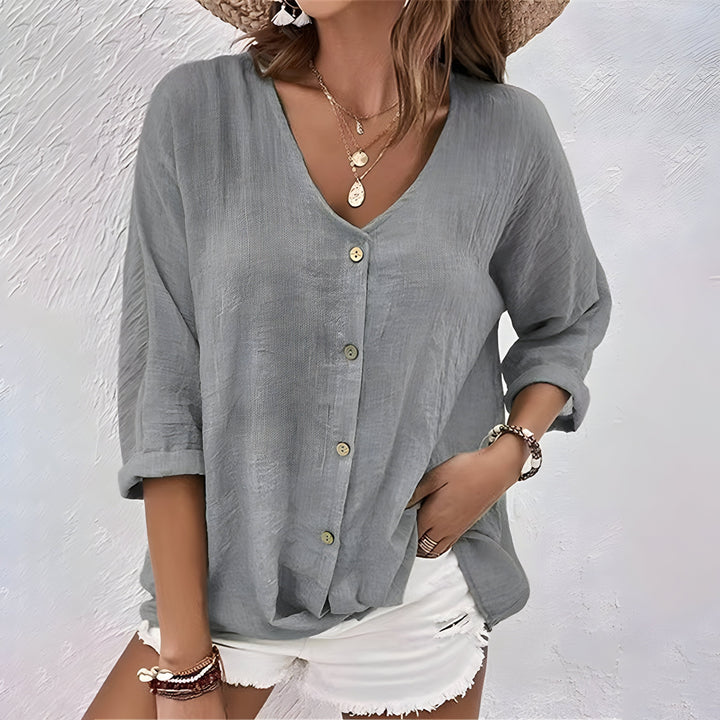 Solveig Marchand | Textured V-Neck Button-Up Blouse - Image 7