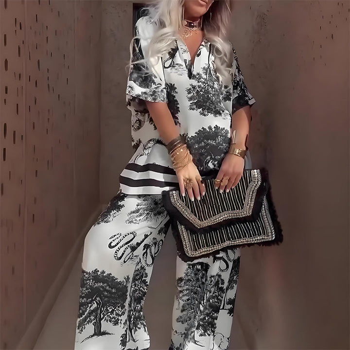 Amber™ | Printed V-Neck Top &amp; Long Pants Set
