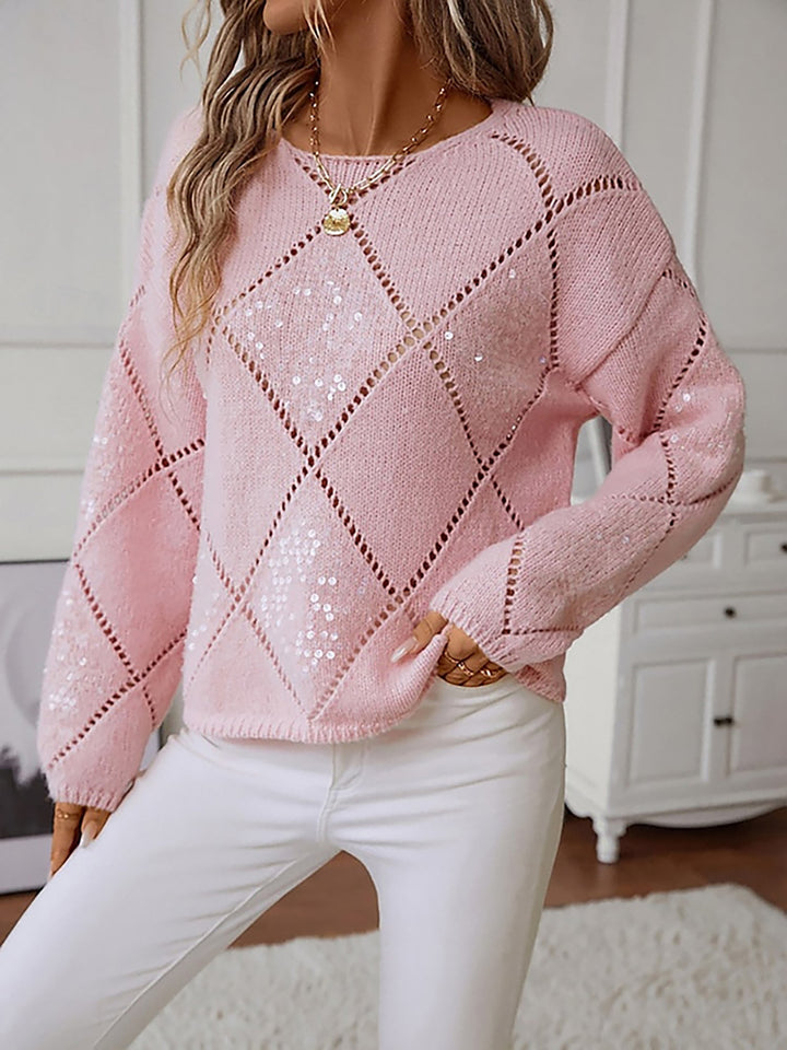 Sylvine Lacaze sequin diamond knit sweater with an open weave and plain crew neckline