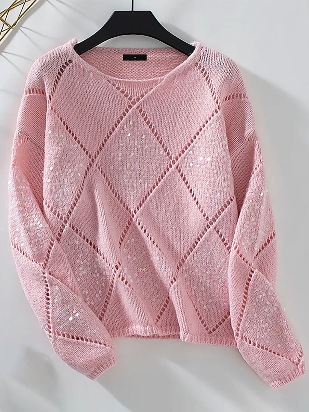 Sylvine Lacaze sequin diamond knit sweater with an open weave and plain crew neckline