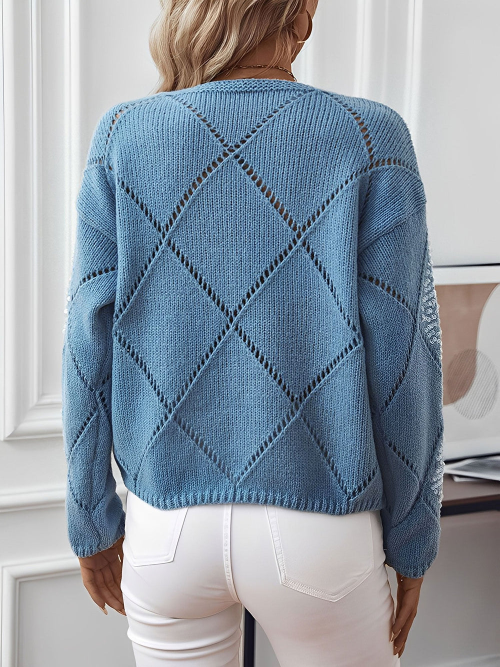 Sylvine Lacaze sequin diamond knit sweater with an open weave and plain crew neckline