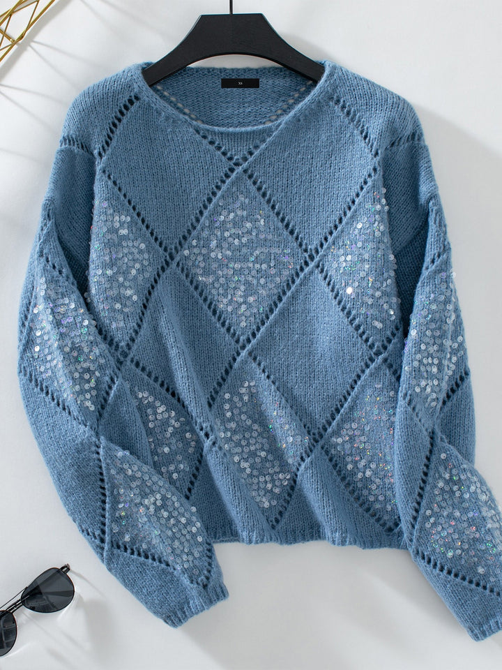 Sylvine Lacaze sequin diamond knit sweater with an open weave and plain crew neckline