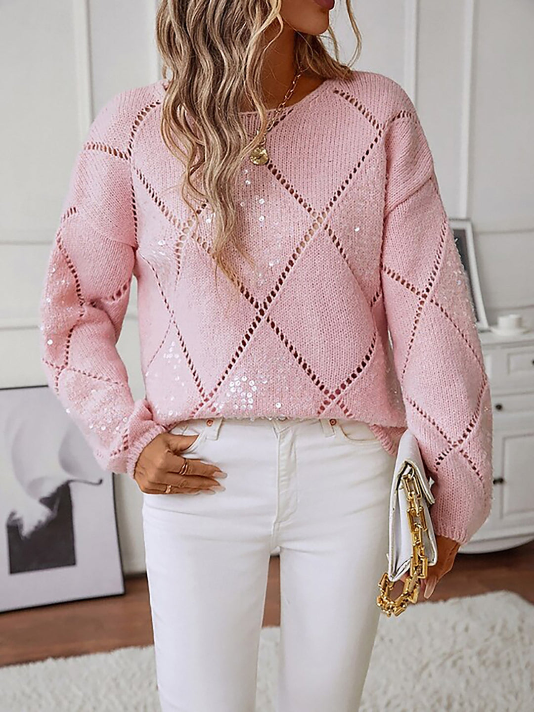 Sylvine Lacaze sequin diamond knit sweater with an open weave and plain crew neckline