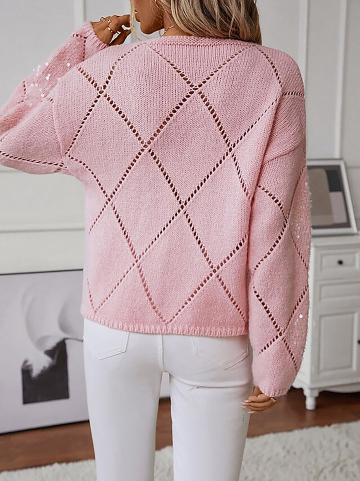 Sylvine Lacaze sequin diamond knit sweater with an open weave and plain crew neckline