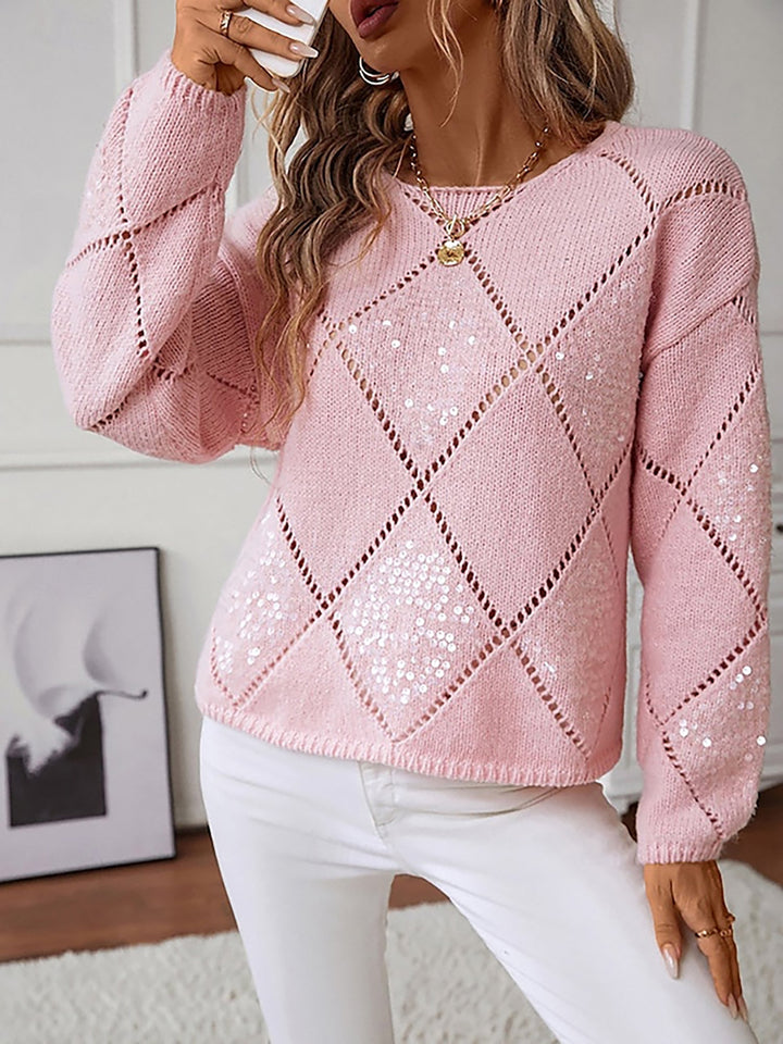 Sylvine Lacaze sequin diamond knit sweater with an open weave and plain crew neckline