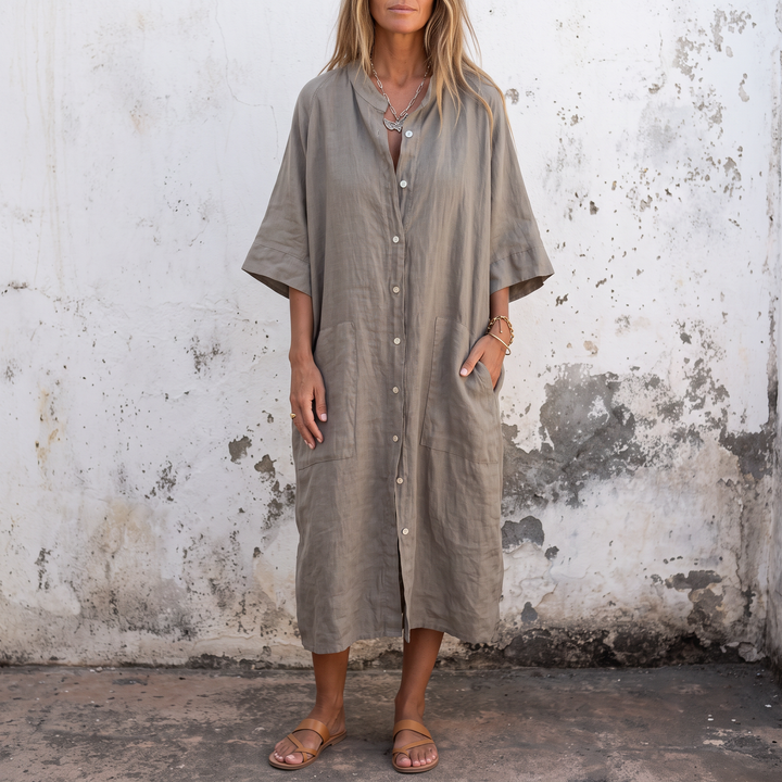 Woman wearing boho shirt maxi dress