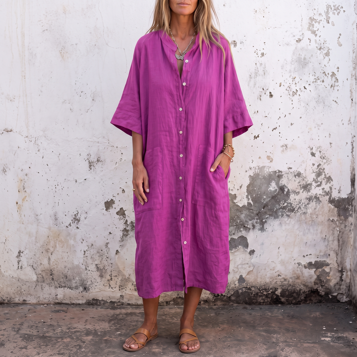 Woman wearing boho shirt maxi dress