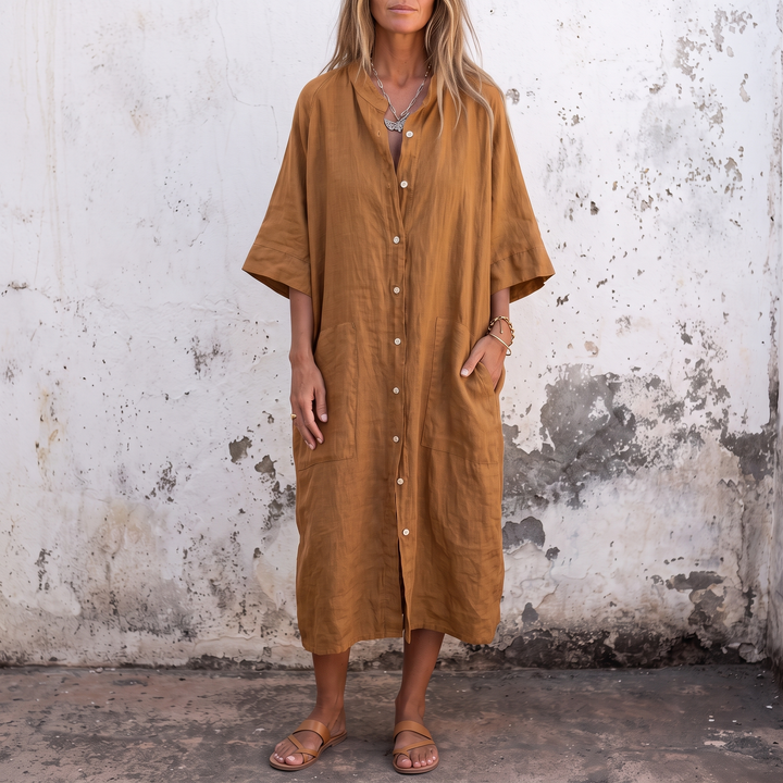 Woman wearing boho shirt maxi dress