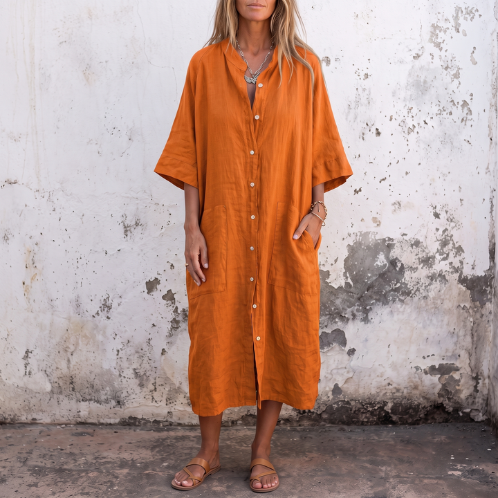 Woman wearing boho shirt maxi dress