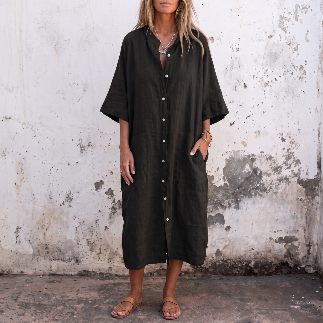 Woman wearing boho shirt maxi dress