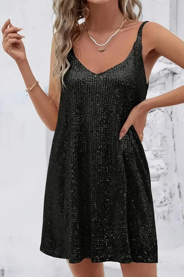 Tiphaine Bousquet sequin V neck mini dress with an elasticated waist and flared skirt