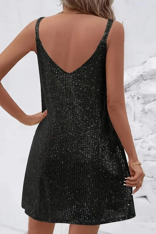 Tiphaine Bousquet sequin V neck mini dress with an elasticated waist and flared skirt