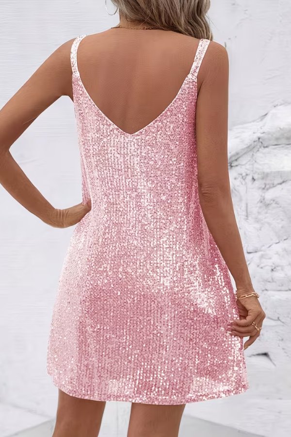 Tiphaine Bousquet sequin V neck mini dress with an elasticated waist and flared skirt