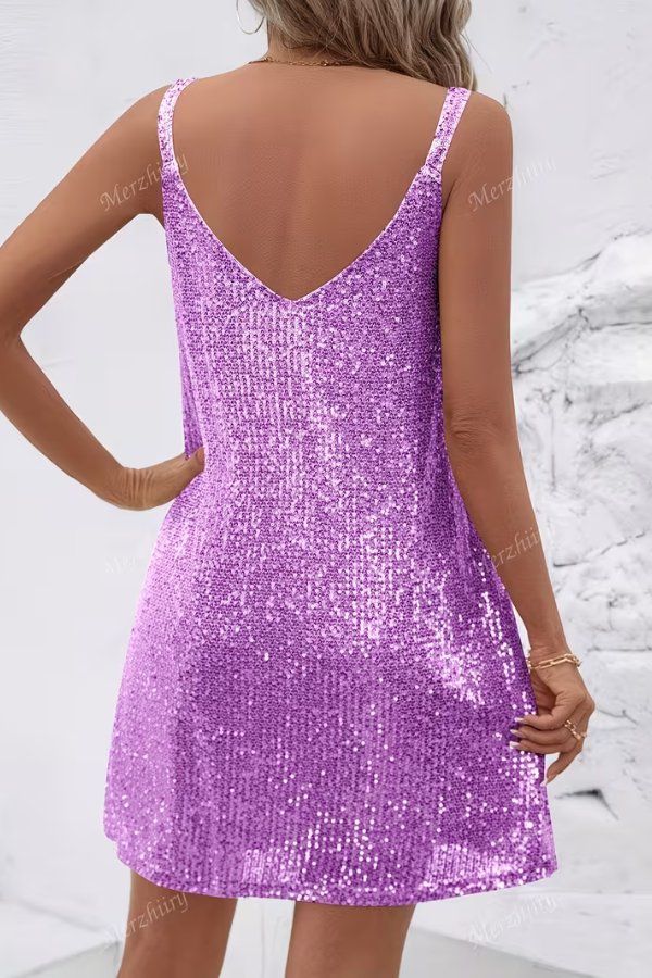 Tiphaine Bousquet sequin V neck mini dress with an elasticated waist and flared skirt