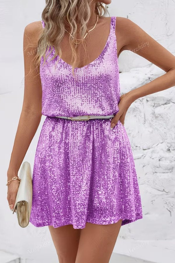 Tiphaine Bousquet sequin V neck mini dress with an elasticated waist and flared skirt