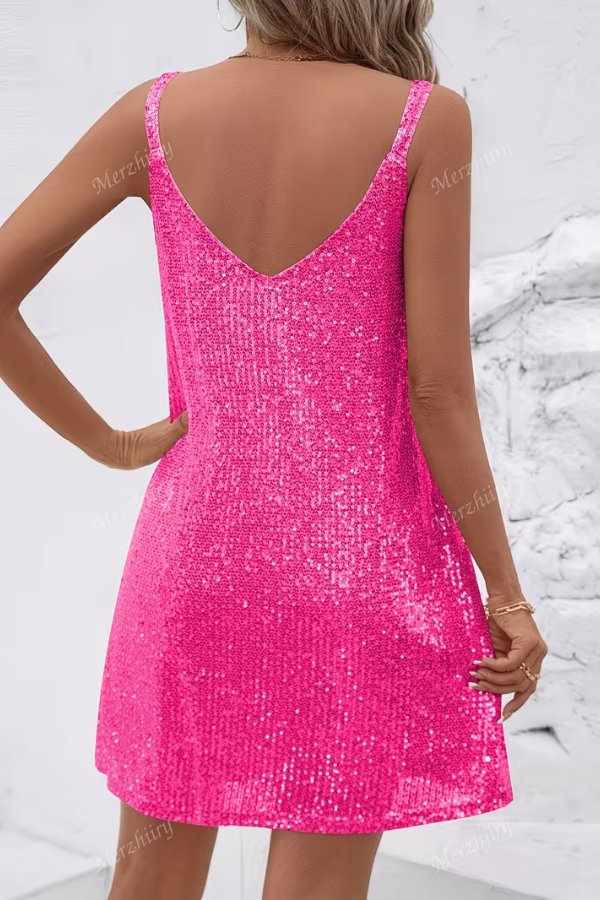Tiphaine Bousquet sequin V neck mini dress with an elasticated waist and flared skirt