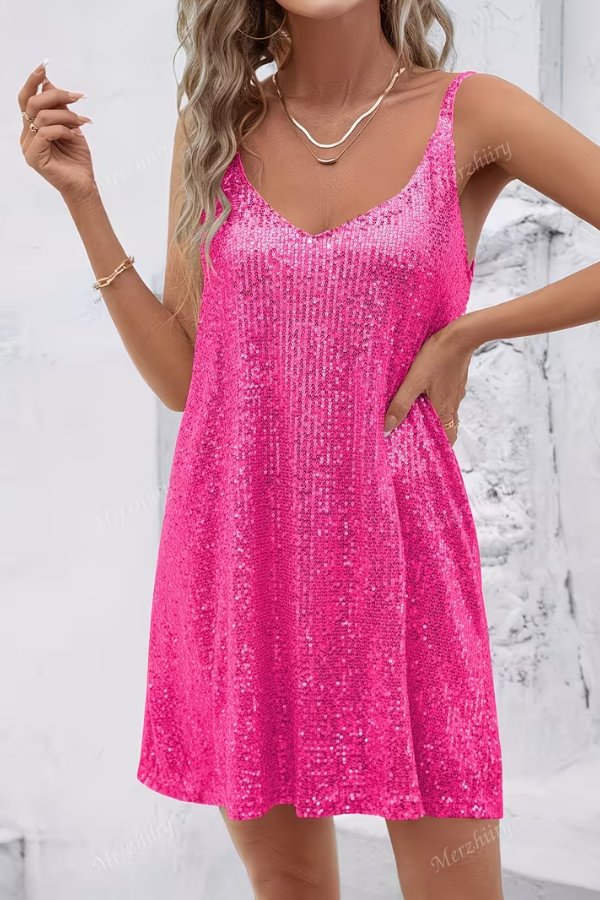 Tiphaine Bousquet sequin V neck mini dress with an elasticated waist and flared skirt